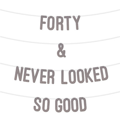  - 40 And Never Looked So Good Glitter BannerCelebrate Forty Birthday Or Wedding AnniversariesMilestone Party Decor (Silver)