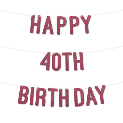 Glitter 40Th Birthday Party Banner,stunning Happy Forty Birthday Bunting For Every Party,ideal For Birthday Parties(Cerise) from B&Q