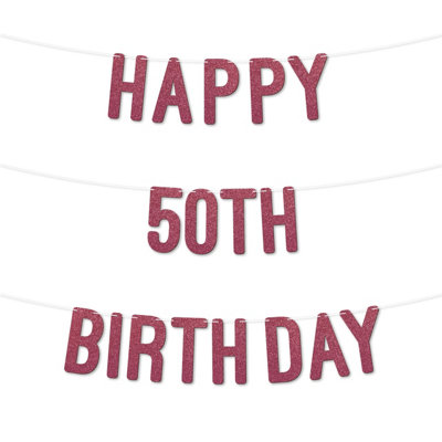 Glitter 50Th Birthday Party Banner,stunning Happy Fifty Birthday Bunting For Every Party,ideal For Birthday Parties.(Cerise) from B&Q