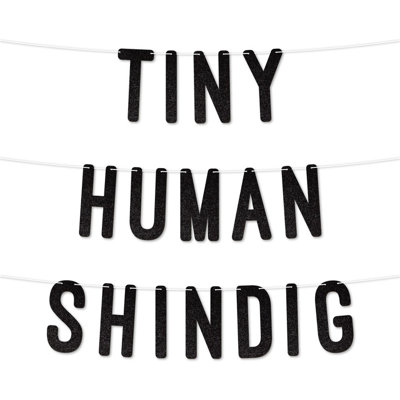 Static Baby Shower DecorationsTiny Human Shindig Glitter BannerModern Gender Reveal Party Supplies 7 Inch (Black)