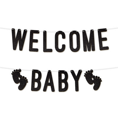 Static Welcome Baby Glitter BannerPerfect For Gender Reveal Or Party Decorations,banner With Baby Foot Design 7 Inch (Black)