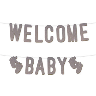 Static Welcome Baby Glitter BannerPerfect For Gender Reveal Or Party Decorations,banner With Baby Foot Design 7 Inch (Silver)