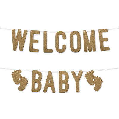 Static Welcome Baby Glitter BannerPerfect For Gender Reveal Or Party Decorations,banner With Baby Foot Design 7 Inch (Gold)