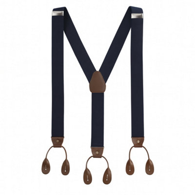 Neel Blue 25mm Men's Elastic Suspenders Y ShapeButton Hole BracesNavy With Brown
