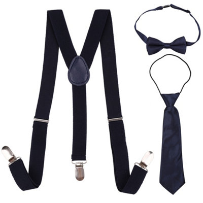 Neel Blue Kids Suspenders With Bow Tie & Necktie SetFully Elasticated BraceNavy