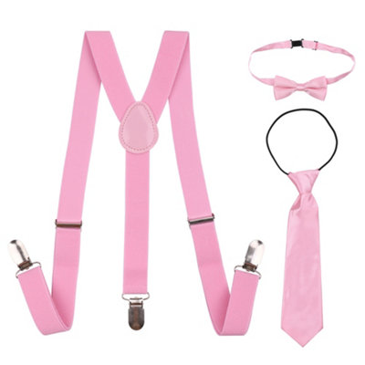 Neel Blue Kids Suspenders With Bow Tie & Necktie SetFully Elasticated BraceLight Pink