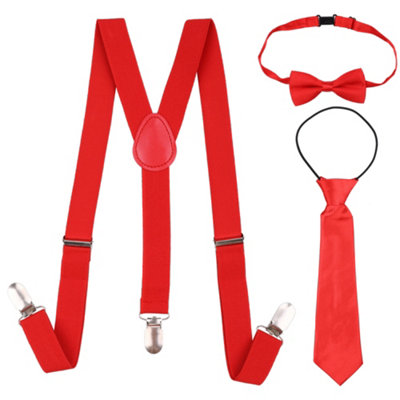 Neel Blue Kids Suspenders With Bow Tie & Necktie SetFully Elasticated BraceRed