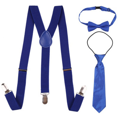Neel Blue Kids Suspenders With Bow Tie & Necktie SetFully Elasticated BraceRoyal Blue