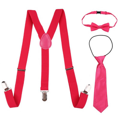 Neel Blue Kids Suspenders With Bow Tie & Necktie SetFully Elasticated BraceHot Pink
