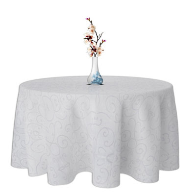 Neel Blue 108 Inch Round Damask TableclothOverlay Branch Swirl PatternWhite from B&Q