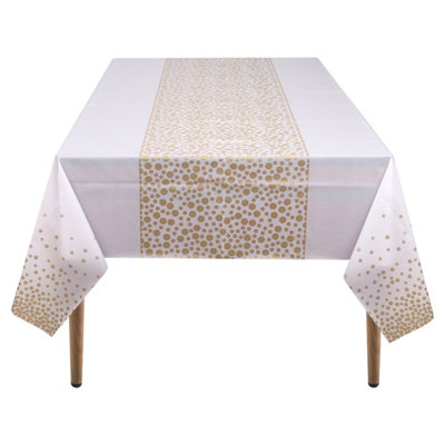 Neel Blue White Plastic TableclothGold Polka Dot Printed Waterproof Table Cover54"x108" from B&Q