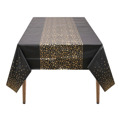 Neel Blue Black Plastic TableclothGold Polka Dot Printed Waterproof Table Cover54"x108" from B&Q