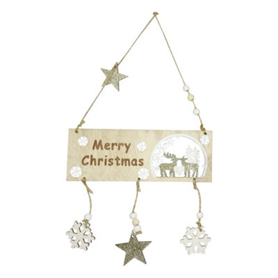 Neel Blue Wooden Merry Christmas Hanging SignRustic Xmas Plaque With Snowflakes from B&Q