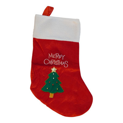 B&Q -  Red Velvet Christmas Stocking With Embroidered Xmas Tree And Merry Christmas DesignHanging Santa Sock