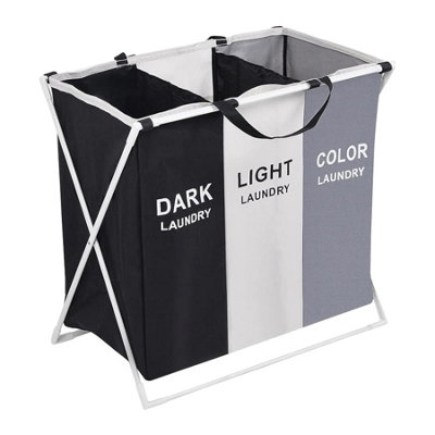 B&Q -  Large Laundry Hamper 3 Compartment Foldable Laundry BasketBlackWhite& Grey