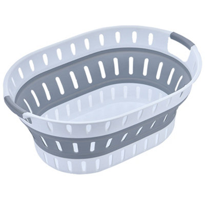 Neel Blue Grey & White Plastic Laundry Basket Oval Shape Foldable Laundry Hamper36L from B&Q