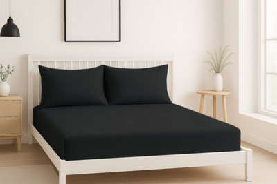Luxury 200Tc Soft Touch Fitted Sheet Bed Linen 40Cm Extra Deep Skirt Black from B&Q