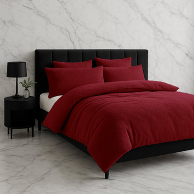 Teddy Bear Fleece Soft Cosy Duvet Cover + Pillow Case Set Red from B&Q