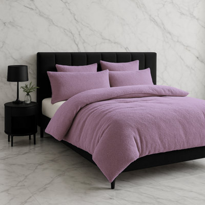 Teddy Bear Fleece Soft Cosy Duvet Cover + Pillow Case Set Lilac from B&Q
