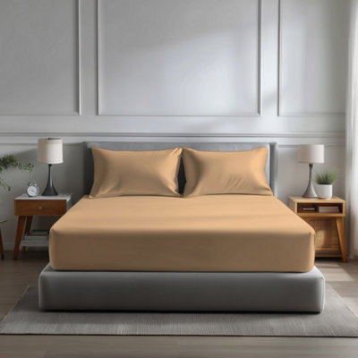 Microfibre Soft Touch Fitted Sheet 40Cm Extra Deep Skirt Plain Dyed Bed Linen Beige from B&Q