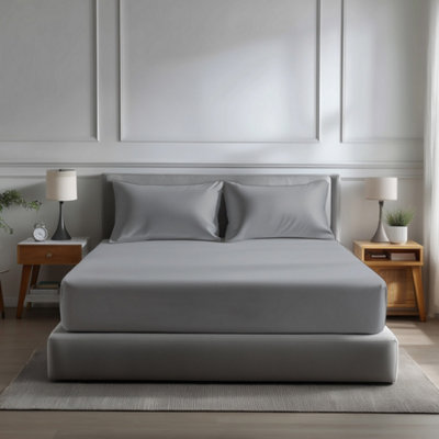 Microfibre Soft Touch Fitted Sheet 40Cm Extra Deep Skirt Plain Dyed Bed Linen Silver from B&Q