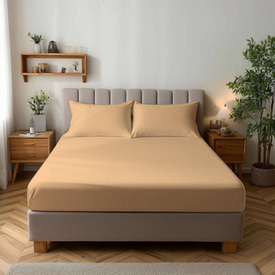 Microfibre Soft Touch Fitted Sheet 25Cm Skirt Plain Dyed Bed Linen Beige from B&Q