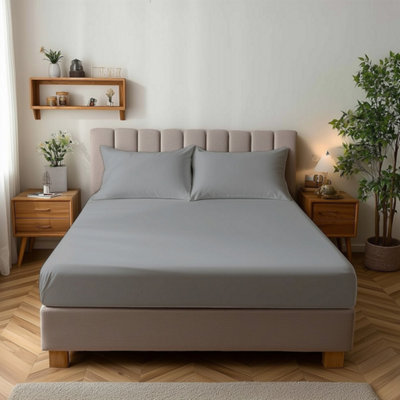 Microfibre Soft Touch Fitted Sheet 25Cm Skirt Plain Dyed Bed Linen Silver from B&Q