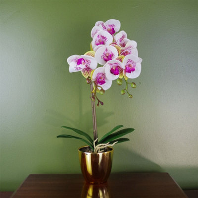Botanik Artificial Orchid Plant - Pink Flowers - Gold Pot - 48cm - Image 6