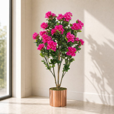Leaf Pink Artificial Blossom Tree Copper Planter Realistic Plant Design Azalea Botanik 100Cm