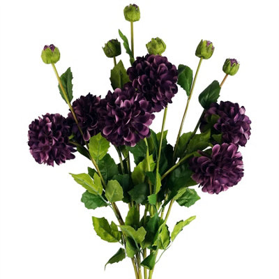 Leaf Pack Of 6 X 75Cm Artificial Dahlia Pompom Flower Stem Purple