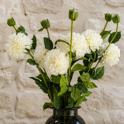 Leaf Pack Of 6 X 75Cm Artificial Dahlia Pompom Flower Stem Cream