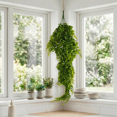 B&Q -  75Cm Artificial Trailing Fern Bush Hanging Faux Greenery Plant Premium