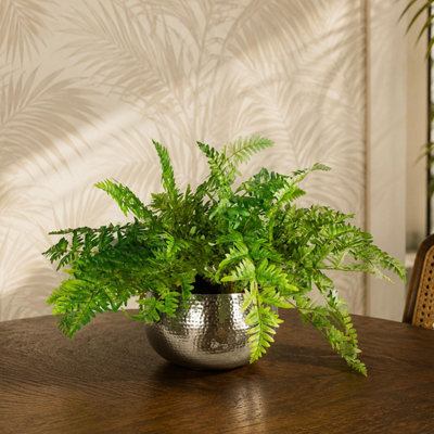 B&Q -  Artificial Ferns Display With Metal Silver Bowl Planter 50X65Cm