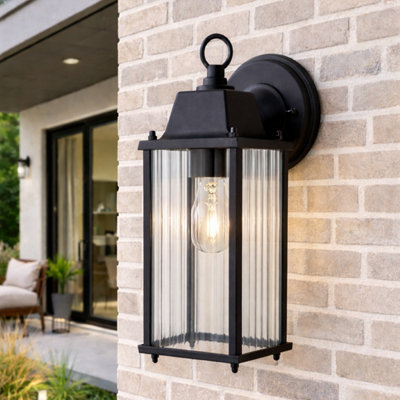 CGC Interiors Cgc Santiago Black Coach Lantern Wall Light With Ribbed Glass from B&Q