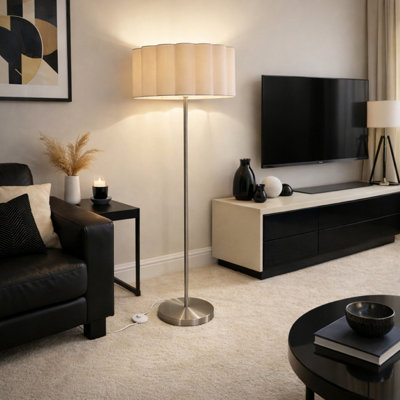 CGC Lighting Cgc Lena Brushed Nickel Straight Floor Lamp With Large Cream Scalloped Lampshade from B&Q