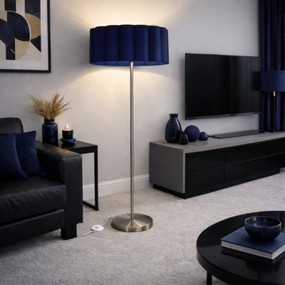 CGC Lighting Cgc Lena Brushed Nickel Straight Floor Lamp With Large Navy Scalloped Lampshade from B&Q