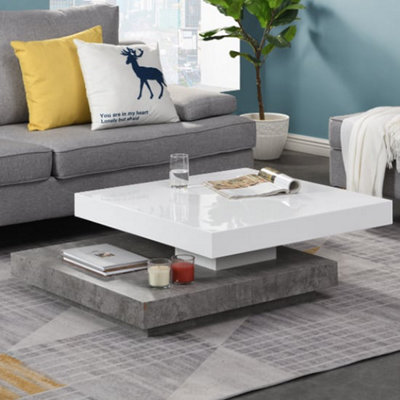 B&Q -  Hugo Rotating Gloss Coffee Table In White And Concrete Effect