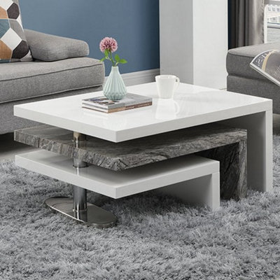 B&Q -  Design Rotating White Gloss Coffee Table In Melange Marble Effect