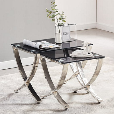 Furniture in Fashion Vienna Black Glass Nest Of 2 Tables With Angular Stainless Legs from B&Q