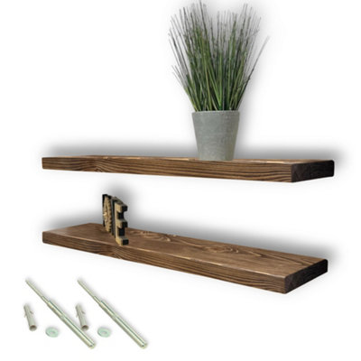 MKGT Set Of 2 Rustic Wooden Floating Shelves With Hidden Brackets (Walnut90Cm (0.9M) from B&Q