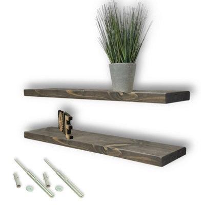 MKGT Set Of 2 Rustic Wooden Floating Shelves With Hidden Brackets (Driftwood Grey60Cm (0.6M) from B&Q