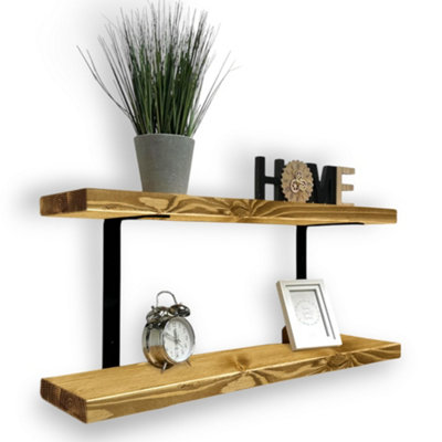 MKGT 70Cm Double Rustic Wooden Shelves Wall-Mounted Shelf With Seated Black L Brackets (Dark Oak) from B&Q