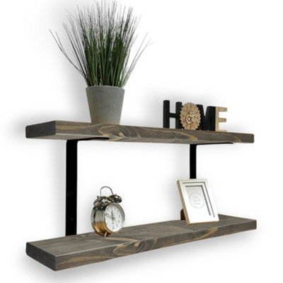 MKGT 40Cm Double Rustic Wooden Shelves Wall-Mounted Shelf With Seated Black L Brackets (Driftwood) from B&Q