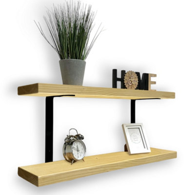 MKGT 60Cm Double Rustic Wooden Shelves Wall-Mounted Shelf With Seated Black L Brackets (Antique Pine) from B&Q