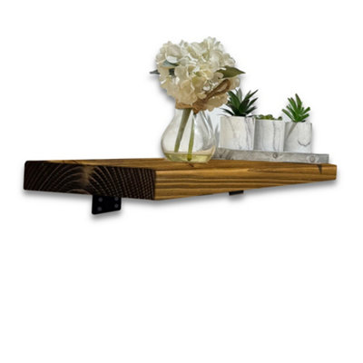 MKGT Handcrafted Rustic Wooden Shelf With T Brackets (MediumTudor Oak 70Cm) from B&Q