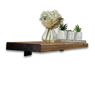 MKGT Handcrafted Rustic Wooden Shelf With T Brackets (LargeWalnut 90Cm) from B&Q