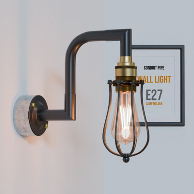 Industrial 20mm Conduit Steel Pipe Wall Light Kit Modern Black Metal Cage E27 Lamp Holder Fitting Conduit Wall Scone Lamp from B&Q
