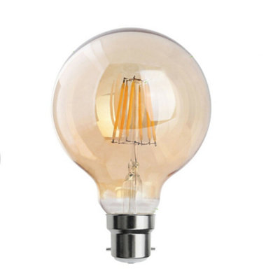 Edison Bayonet G95 B22 8W Dimmable Led Filament 2700K Warm White 8000Lm Amber Glass Energy Saving Bulb from B&Q