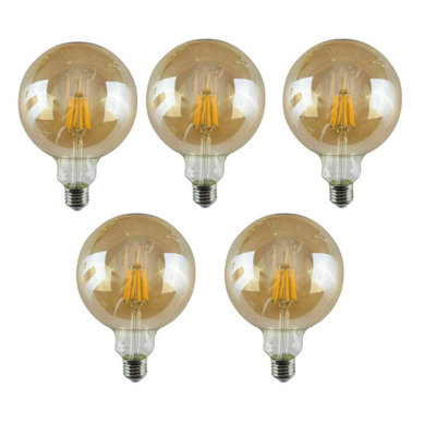  - G125 E27 8W 800Lm Amber Globe Warm White Dimmable Led Filament Light BulbPack 5