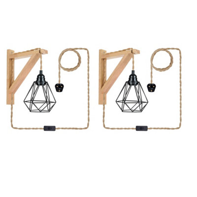  - Vintage Wall Light2 Pack Wooden Wall Light Sconce Indoor Light With Plug-In And Long Hemp Rope Cable Wall Light Fixtures E27